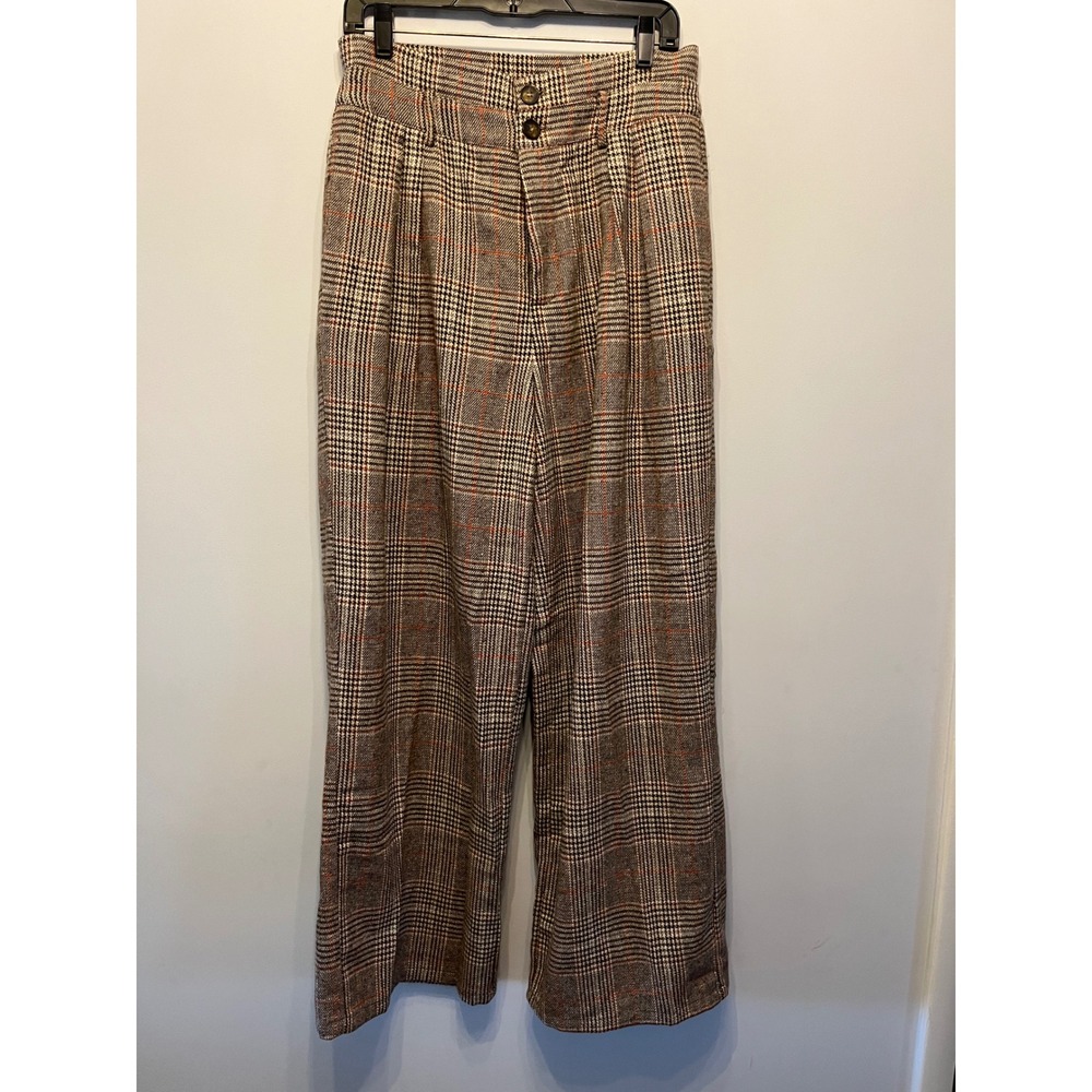 Commense Plaid Wide Leg Trousers Brown Orange Glen Check Pleated Pants L NWT